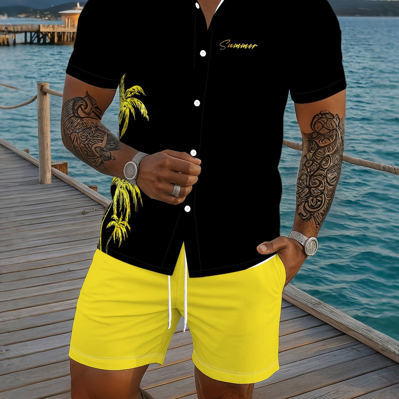 Short-sleeve Shirt And Drawstring Shorts Set