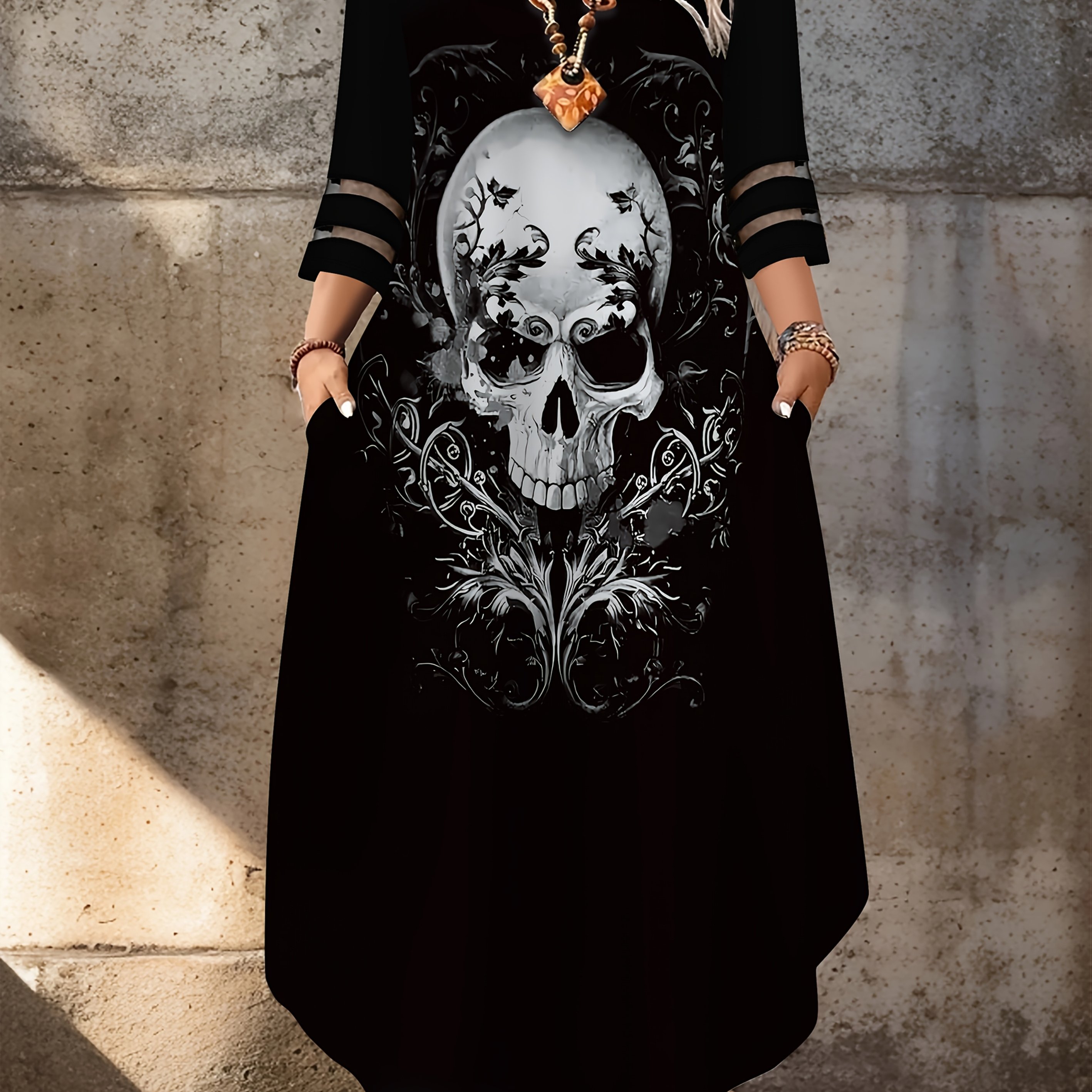 Plus Size, Elegant Women's Skull Print Crew Neck Mesh Three-quarter Sleeve Dress