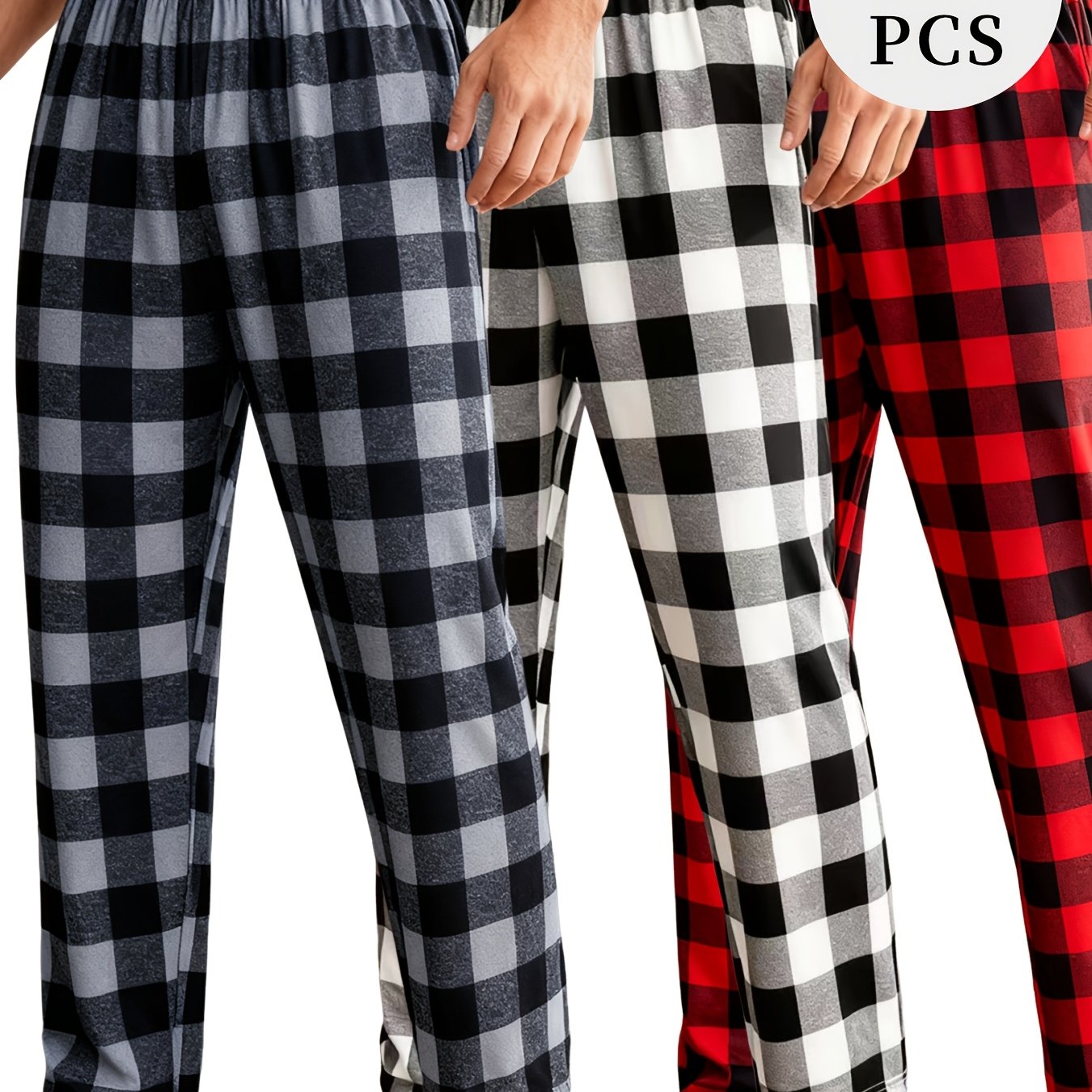 TEMU 3-pack Men's Print Sleep Pants With Checkered & Large Grid Patterns - Elastic Comfortable Long Pajama Bottoms Suitable For Lounge Wear, Machine