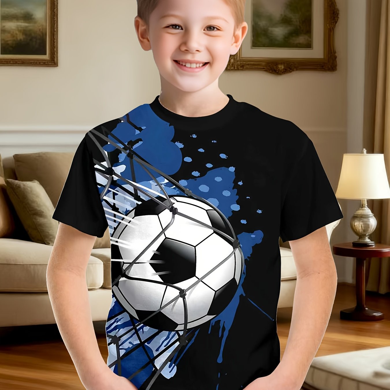 TEMU Boys' Fashion Casual 3d Print Short Sleeve T-shirt, Soccer Athletic Top, Summer Round Neck Tee, Suitable For Daily And Outdoor Sports Wear,