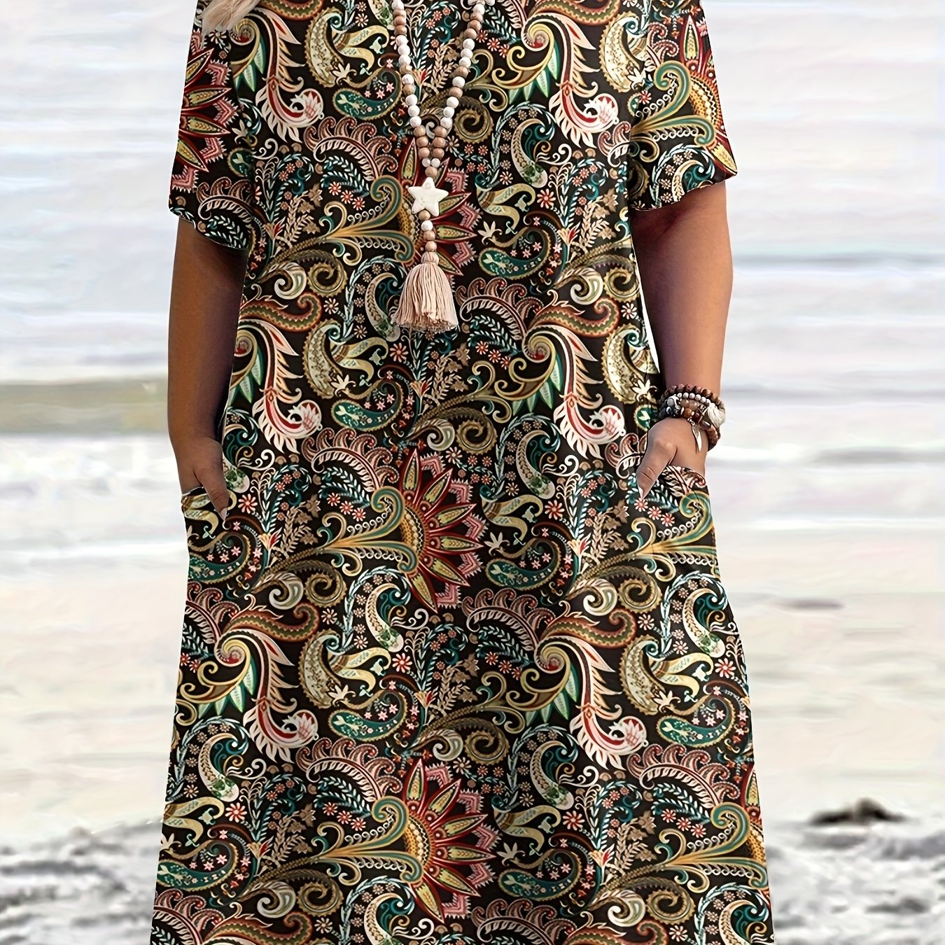 Plus Size Ženska Bohemska Obleka z Paisley Vzorcem - Raztegljiva Midi Obleka z Okroglim Izrezom in Žepi, Priložnostna Oblačila za Vse ,