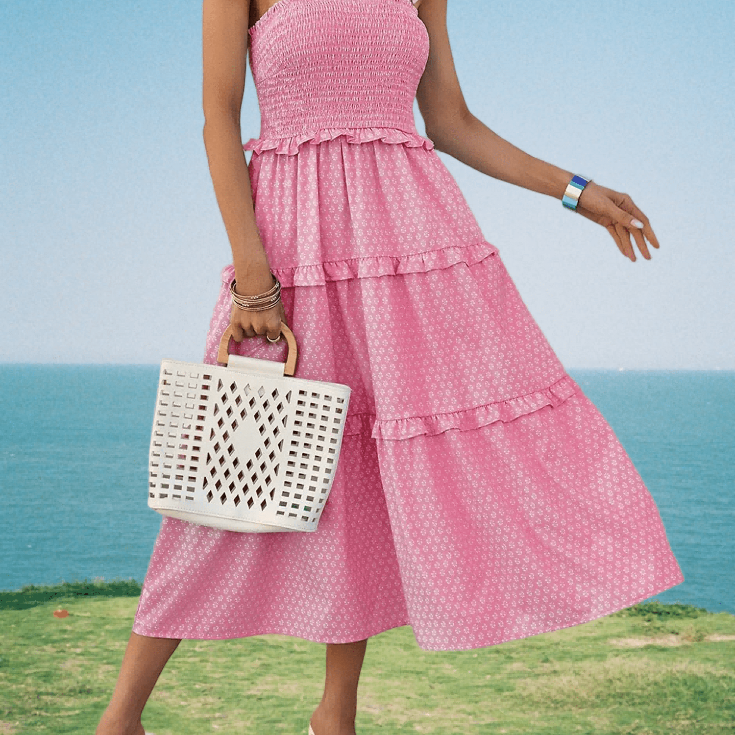 Image of Women's Boho Floral Maxi Dress Sleeveless Tie Shoulder Smocked Ruffle Tiered Beach Long Dress
