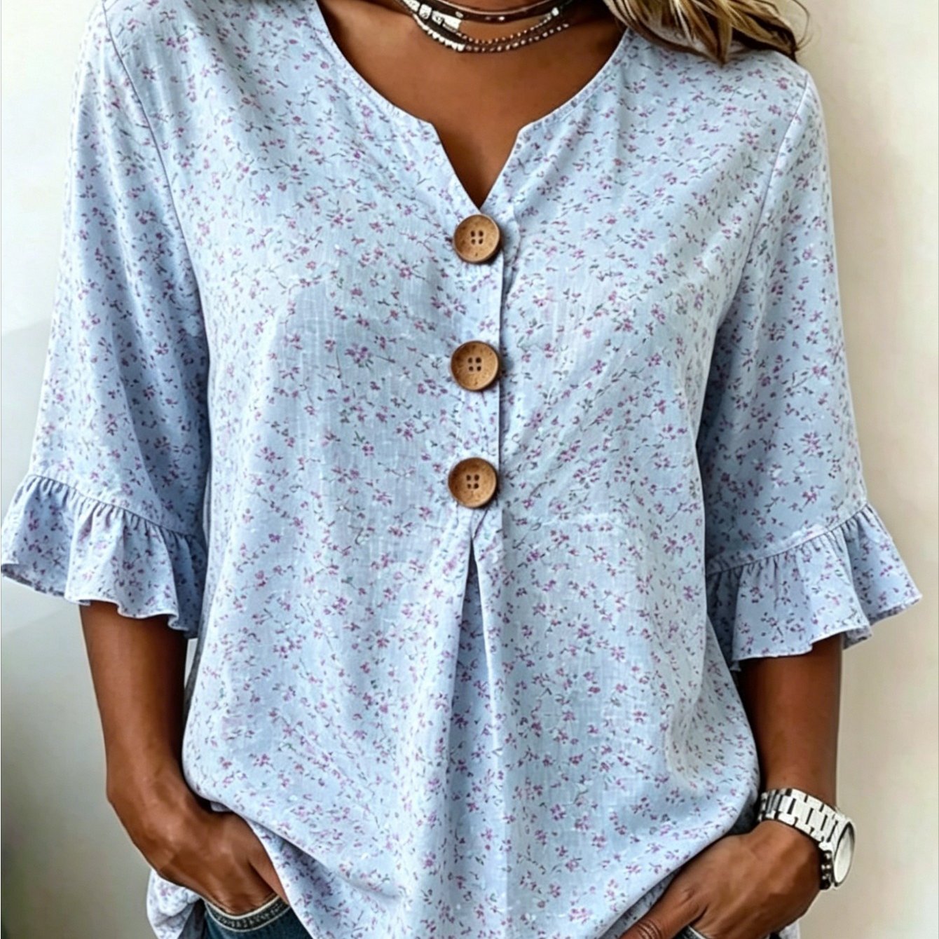 Image of Plus Size, Floral Print Ladies Plus Size Button- V-neck Top, Simple And Elegant Style, Enhance Your Charm, Suitable For , From Casual To Semi-formal Settings. Soft Fabric, Floral