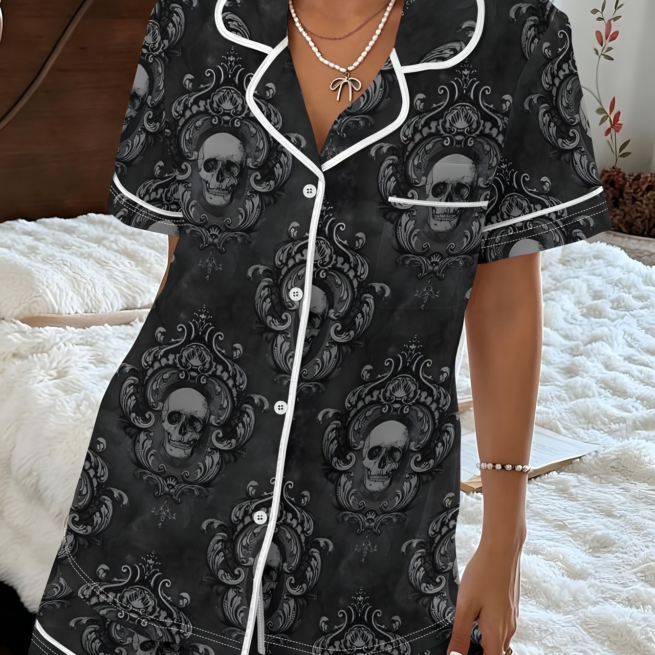 TEMU Dark Skull Pattern Wallpaper Print Design Women's Short Sleeve Lapel Collar Pajama Set, Comfortable And Versatile 2pcs Loungewear Set For Home