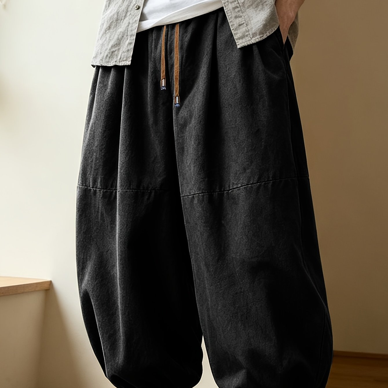 Image of Korean Men's Pants Loose Plus Size Elastic Waist Skinny Harem Trousers Men's Casual Ankle Length