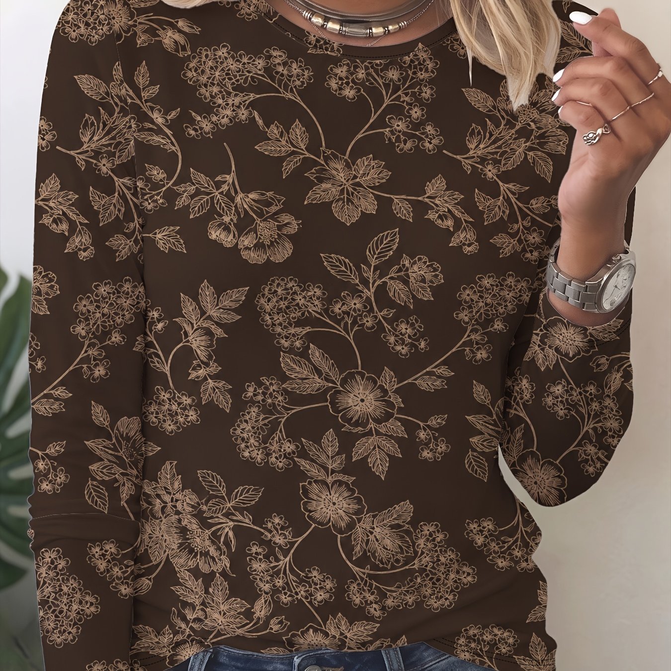 TEMU Women's Round Neck Long Sleeve T-shirt With Botanical Floral Line Art Pattern, Soft And Comfortable Fabric, Print Design, Machine Washable,