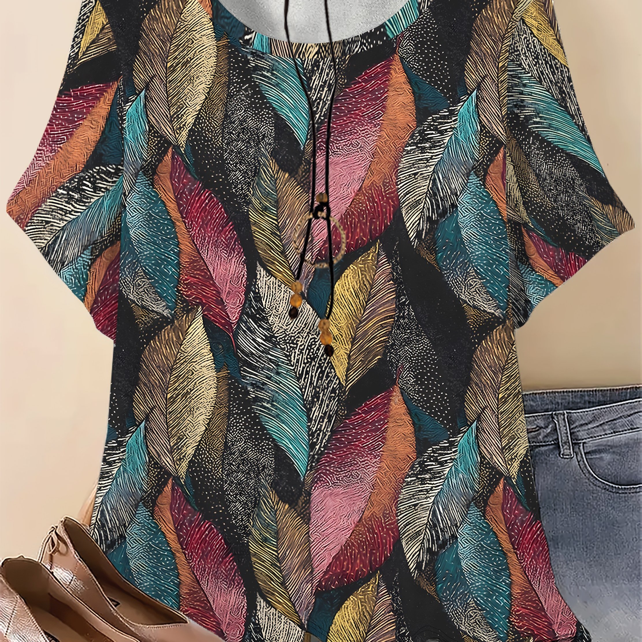 TEMU Plus Size, Women's Plus Size Leaf Print T-shirt - Casual Short Sleeve Round Neck Top, Stretch Fabric, Black With And Pink , , Machine Washable,