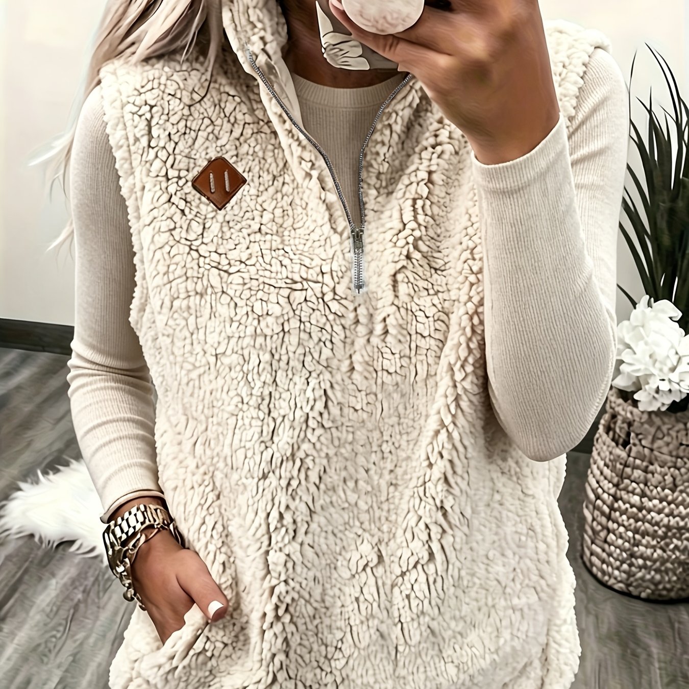 TEMU Gilet de polyvalent à col en peluche, style coréen, mode automne/hiver