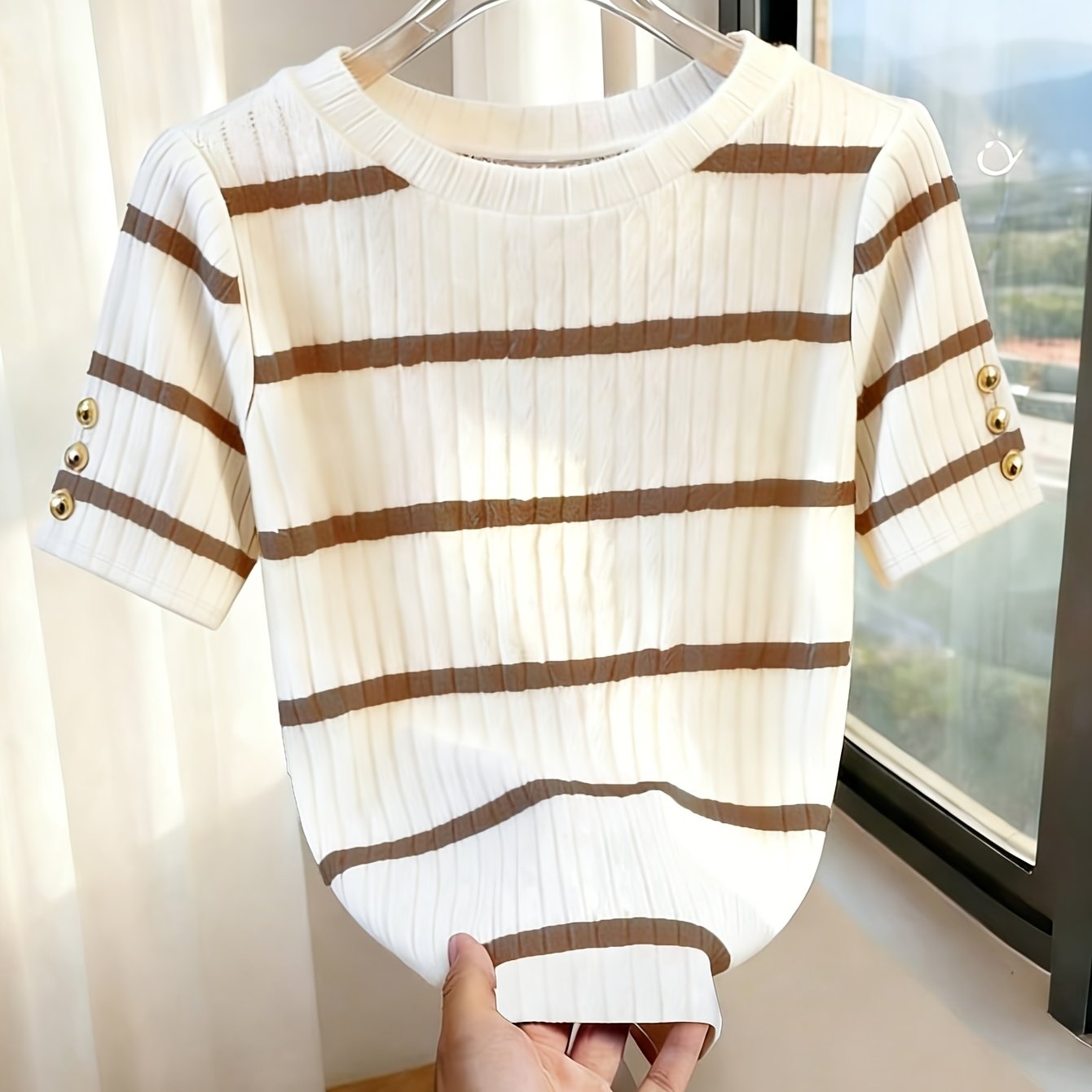 TEMU Women's Elegant Striped Ribbed Raglan Sleeve Button-detail Short Sleeve T-shirt