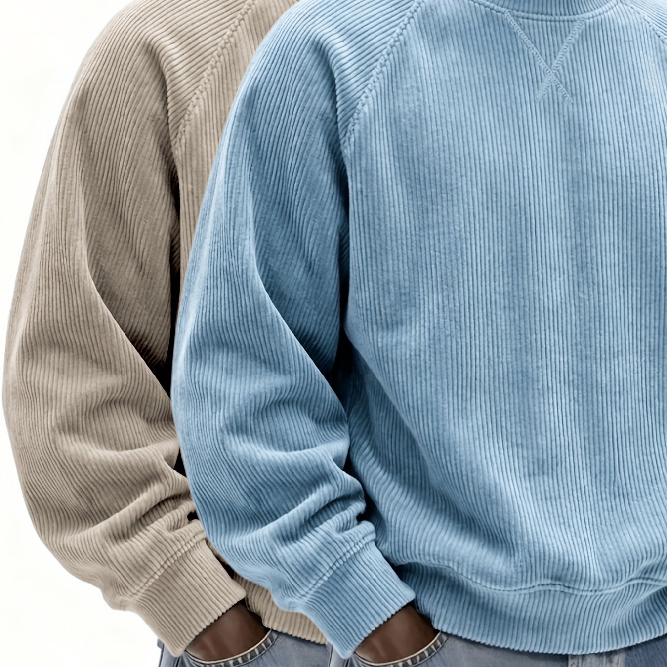 Image of 2pcs /winter 2026 Men's Relaxed-fit Corduroy Crewneck Sweatshirt, Long-sleeve Casual Pullover, Raglan Sleeves Athletic Workout Outfit Shirts Everyday Streetwear