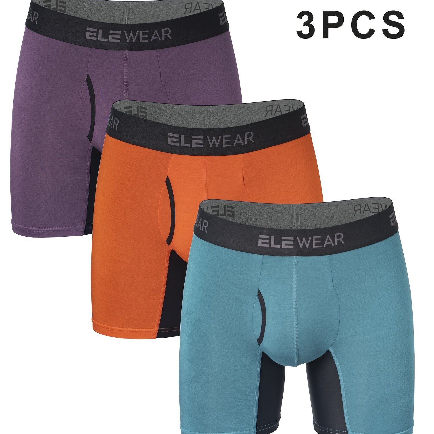 Set Of 3 Elewear Bamboo Fiber Men's Underwear With Side , Long Boxer Shorts For Sports And Leisure, Moisture-wicking.