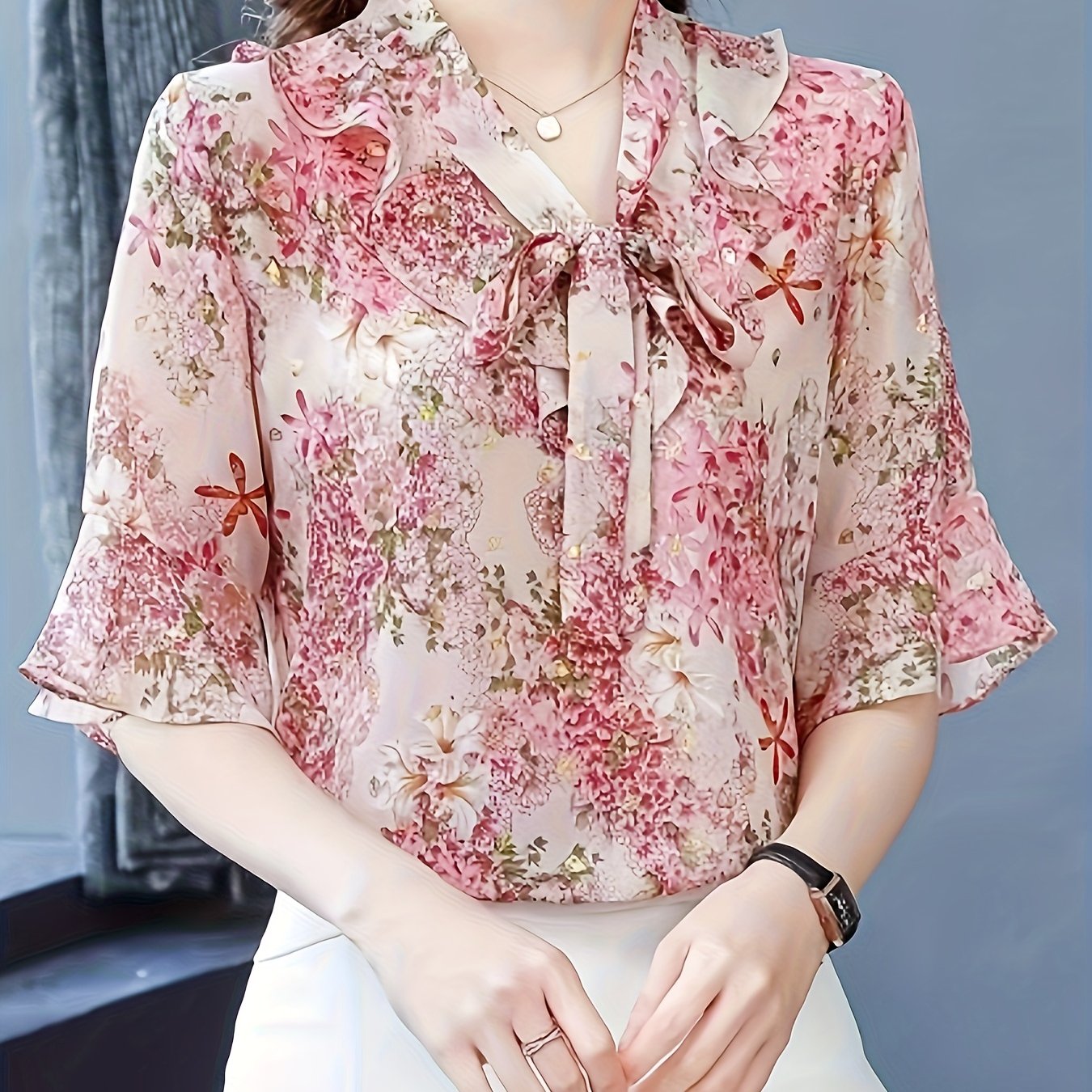 TEMU Floral Chiffon Shirt New Summer Lotus Leaf V-neck Printed Top Women's Cover Belly Small Shirt