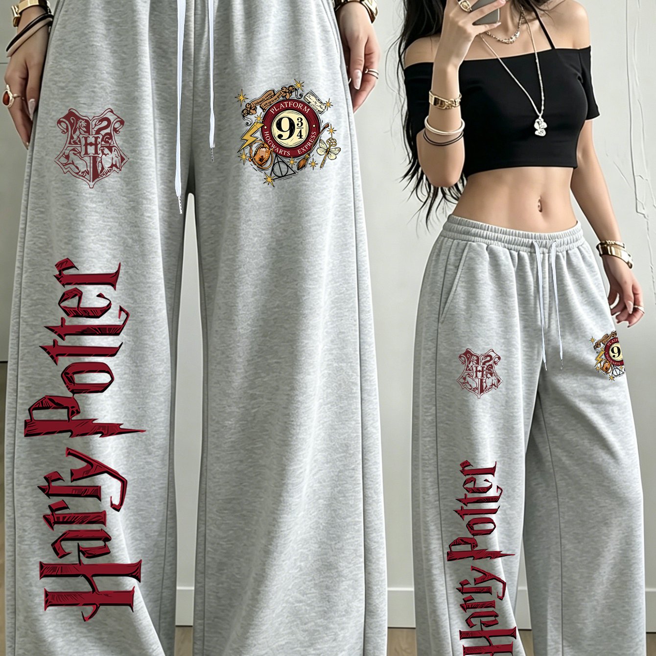 TEMU Gift : Women's Casual Jogger Pants With Drawstring Waist - "harry Potter" Themed Pattern, Breathable Fabric, Design, Straight-leg Style Swear,