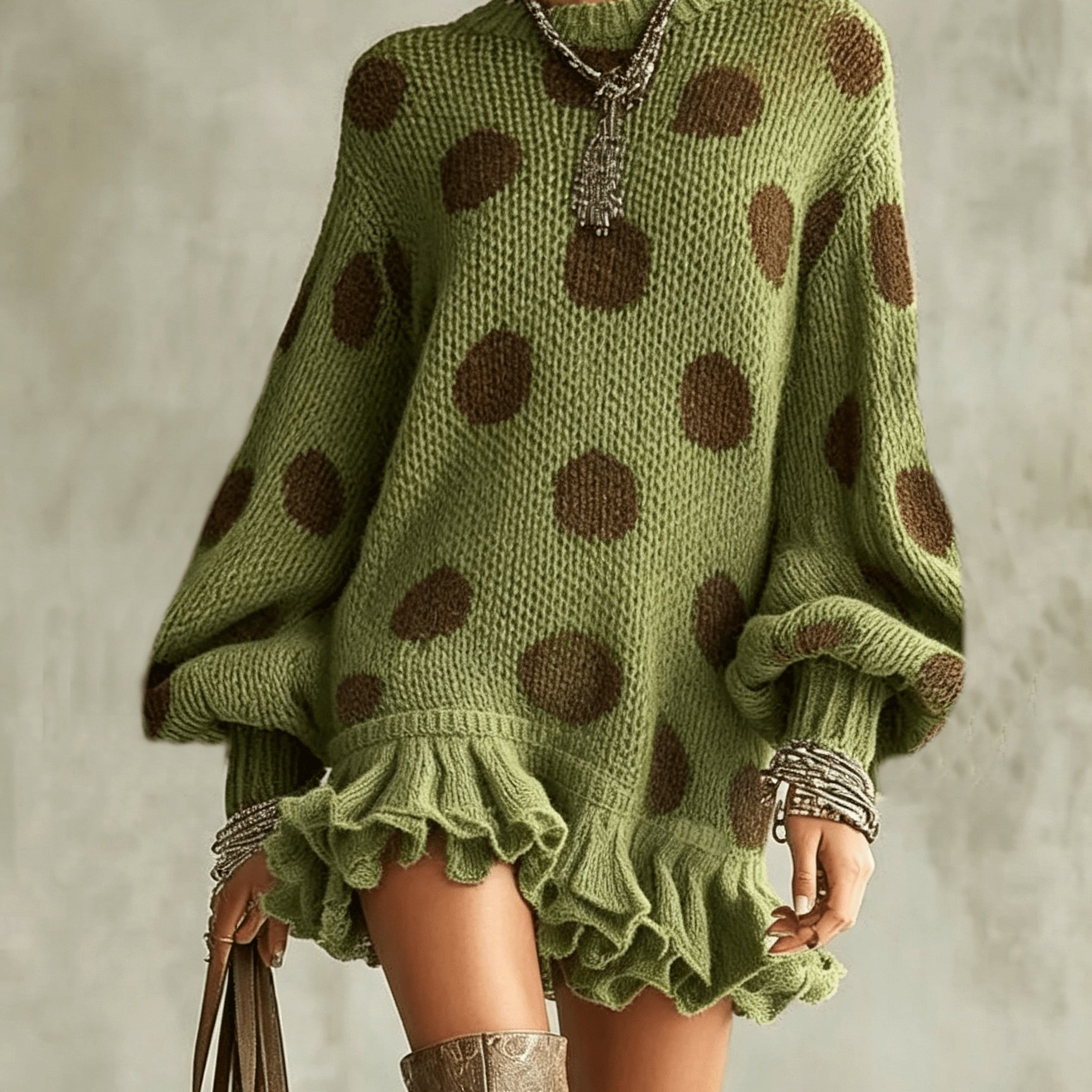 TEMU Women's Autumn -block Polka Dot Round Neck Puff Sleeve Hem Dress, Retro French Style Daily Date Multi-occasion Wear [bzra]