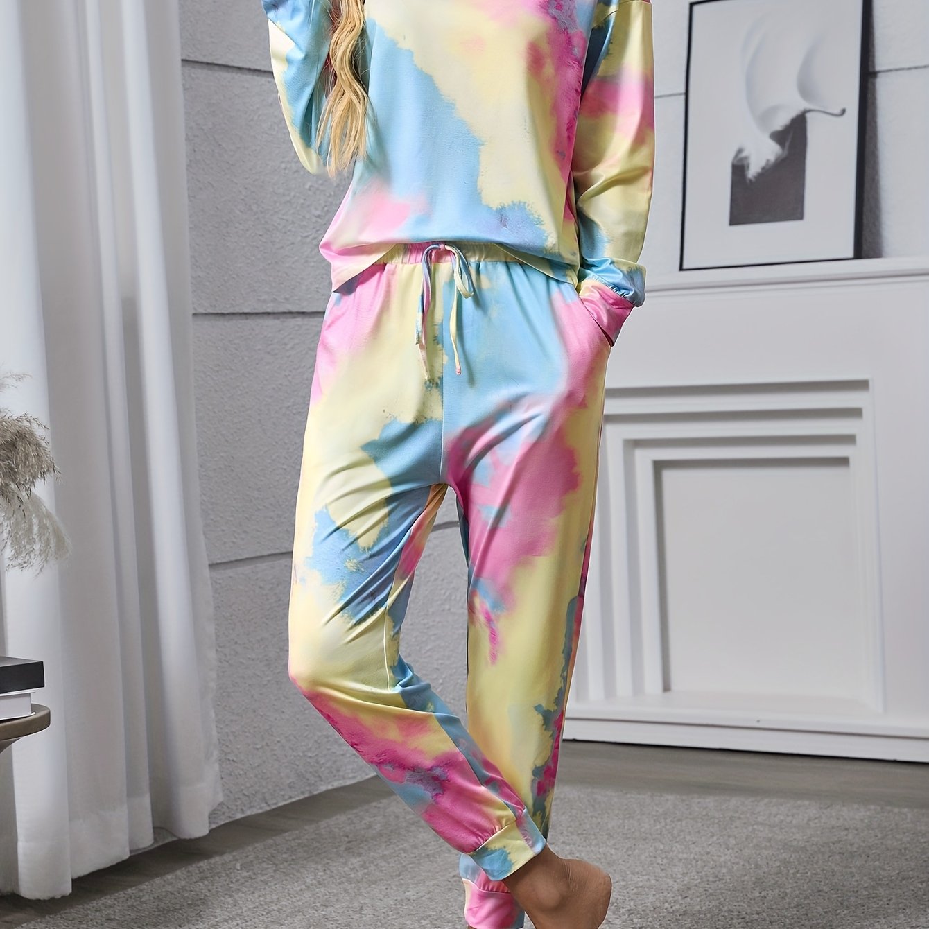 Spring And Summer Casual Tie-dye Print Round Neck Loose Drop Shoulder T-shirt With Drawstring Waistband Pocketed Cargo Pants Set
