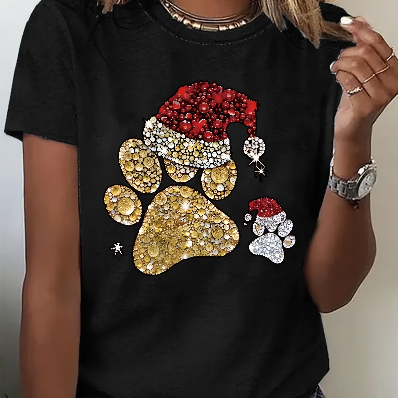 TEMU Women's Retro Christmas T-shirt With Santa Hat & Dog Paw Print - Short Sleeve Crew Neck Casual Top, Non- -compatible Suitable For All- Wear,