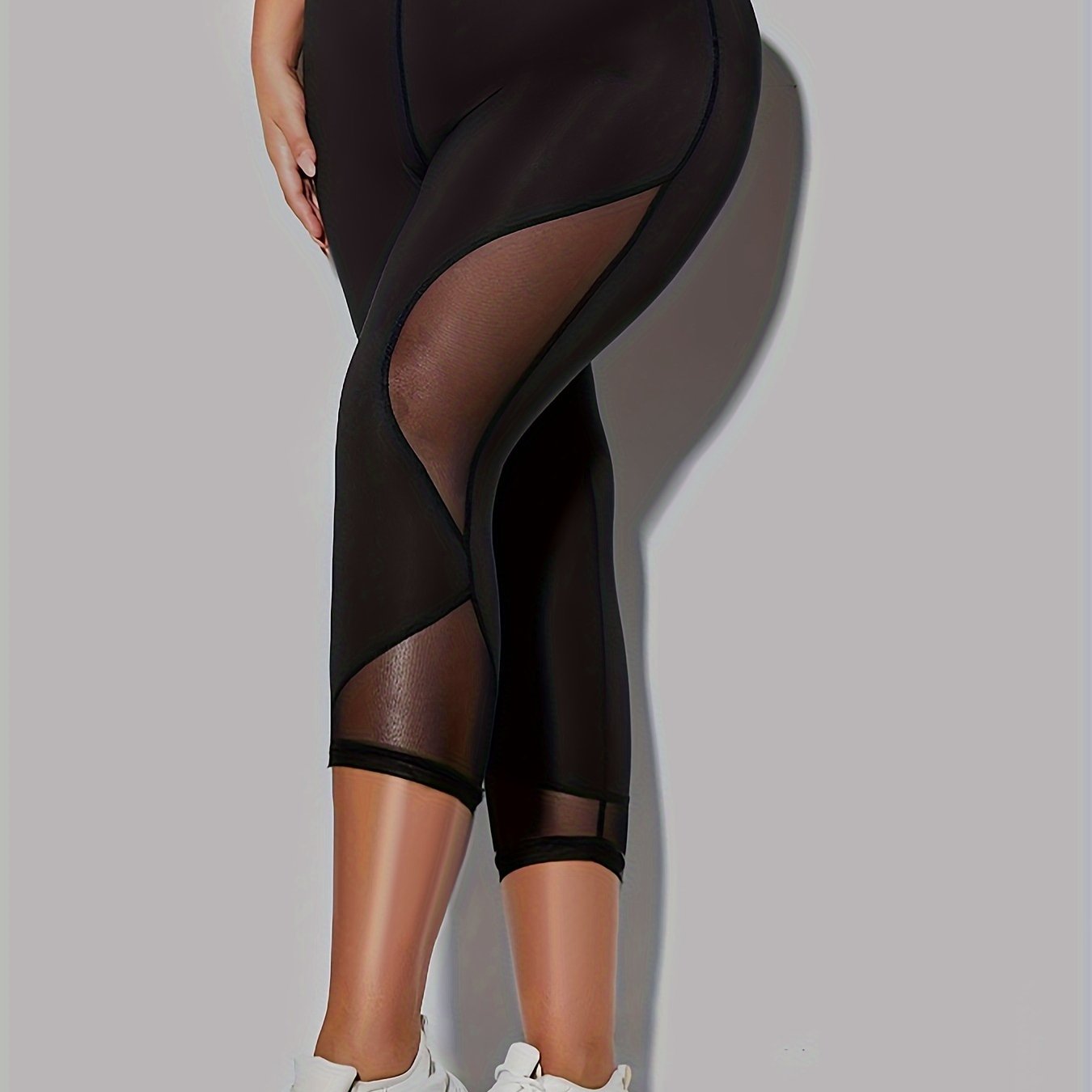 Plus-size Mesh Panel Leggings For Sports, Featuring High Elasticity And A High Waist, Perfect For Fitness And Yoga