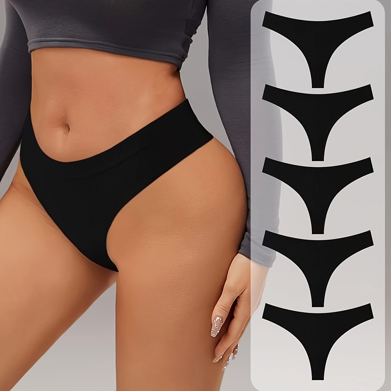Image of 5-pack Black Ribbed Thong, Soft And Skin-friendly Fabric, Comfortable And Breathable, Women's Underwear And Panties