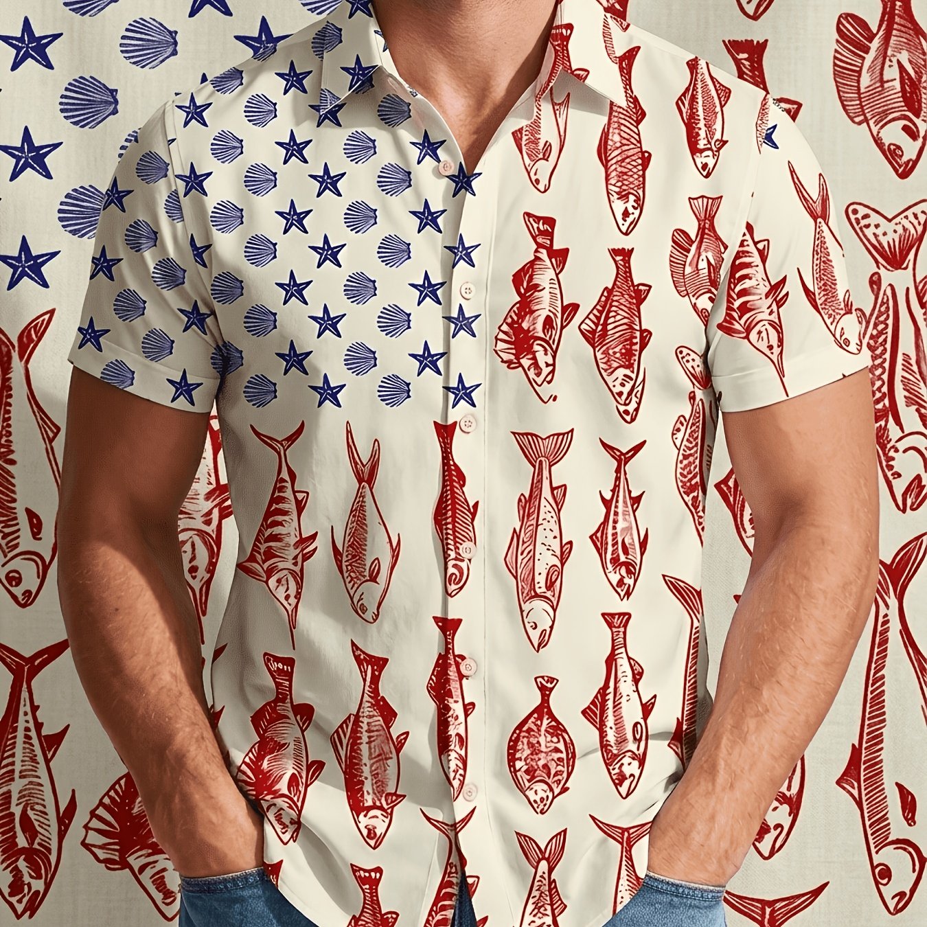 TEMU Fish Men's Printed Beach Shirt- Fishing-themed Short-sleeve Button-up Top, Featuring An American Pattern And Red Fish Elements, Lightweight And