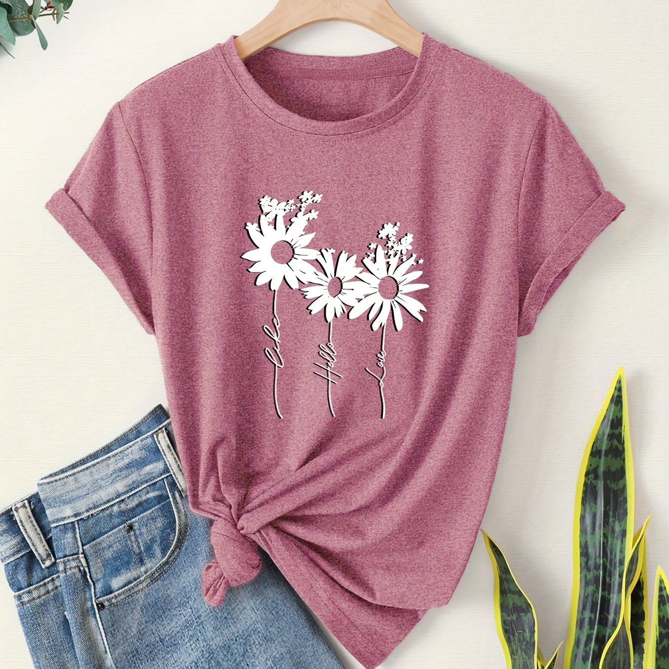 TEMU 3-flower Print Fashion Retro Style Women's Spring Autumn Winter Casual Athletic Neck Short Sleeve T-shirt
