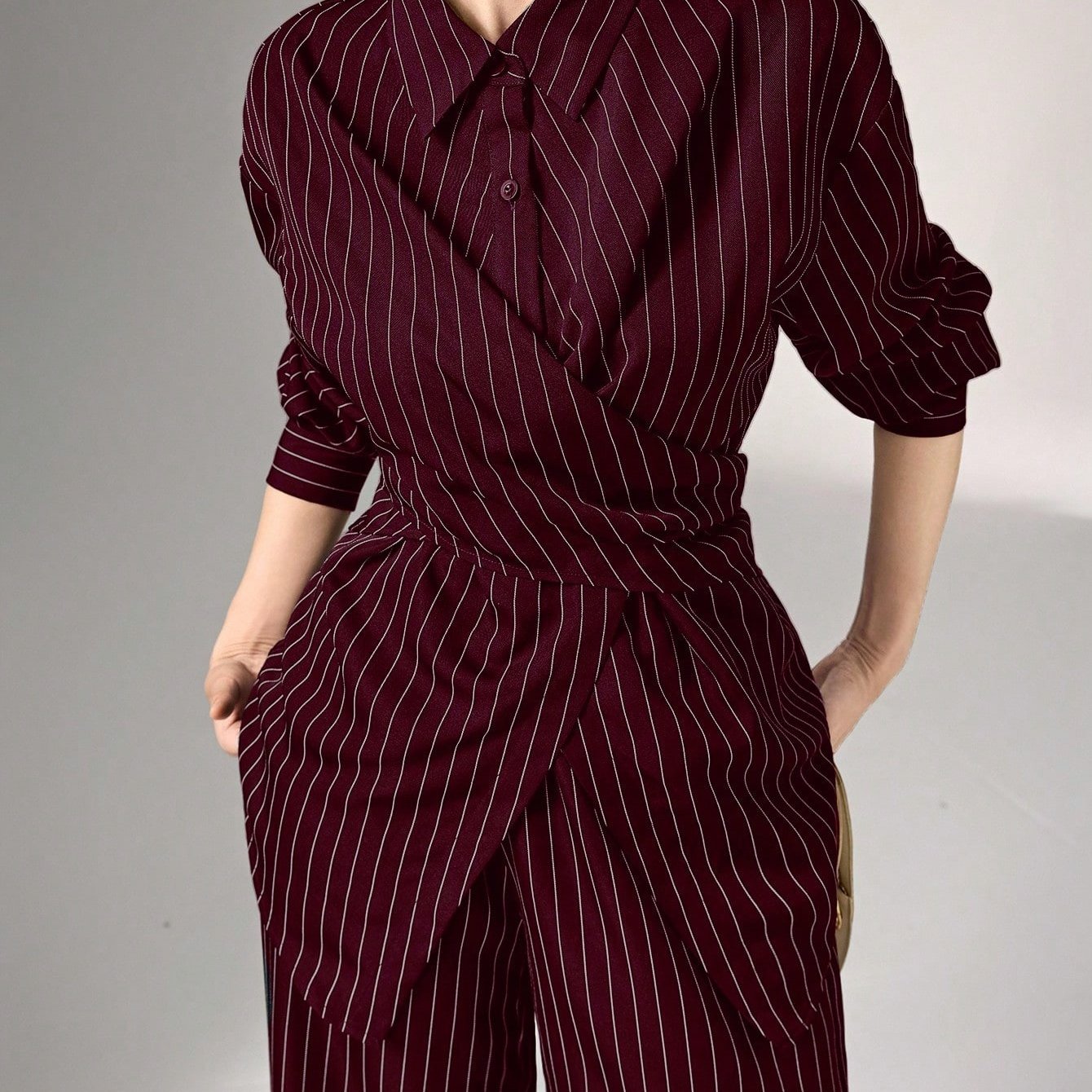 TEMU Elegant Office Striped 2pcs Outfit Wrap Waist Shirt Wide Leg Pants Stylish Slim Work Casual Set