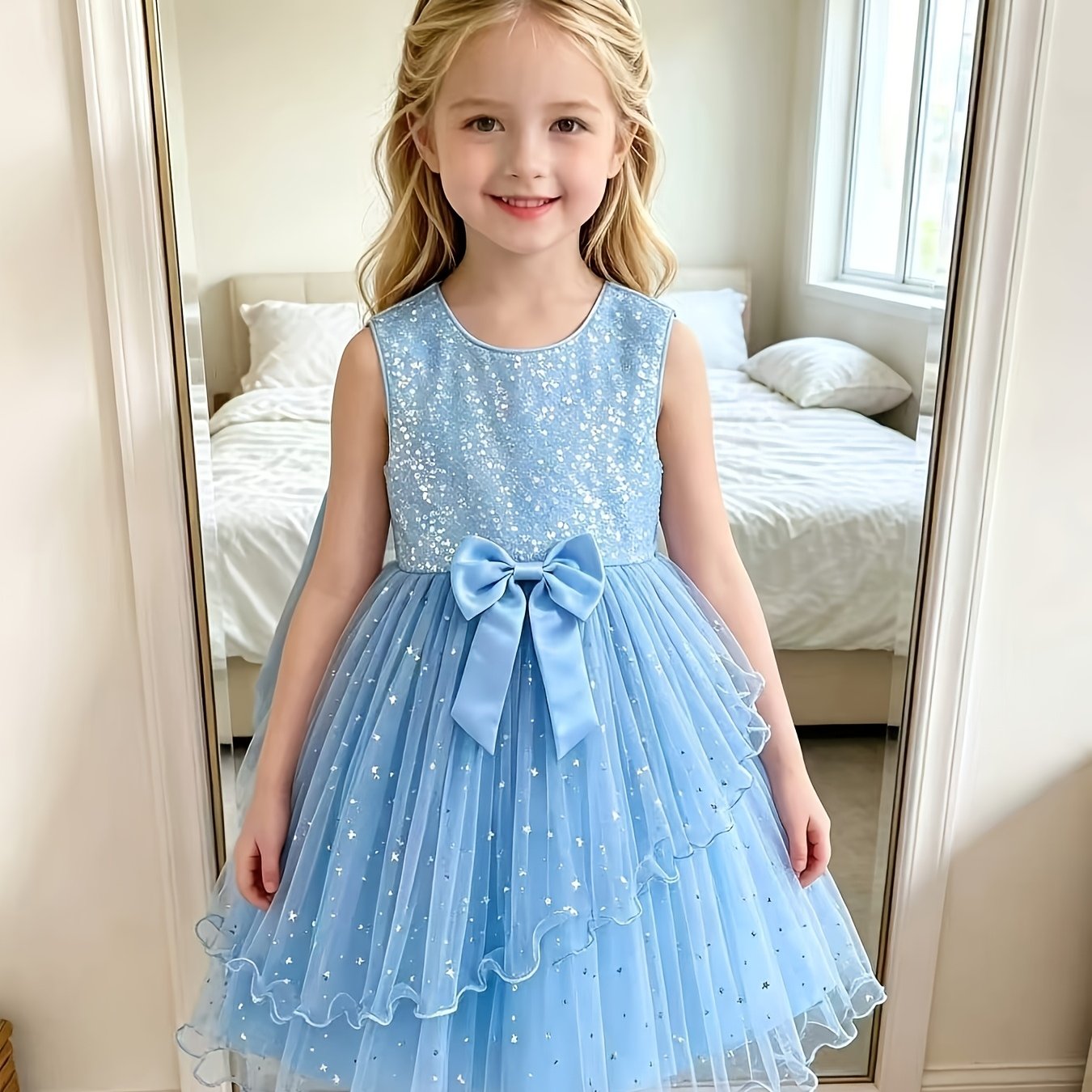 Image of Girls Sleeveless Dress Bow Decoration Star Sequined Gauze Skirt Layered Hem Elegant Style