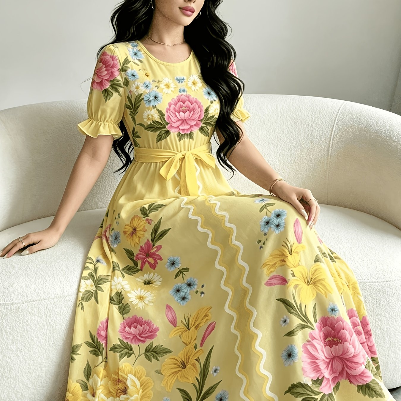 TEMU Spring/summer Elegant Round Neck Floral Print Ruffle Sleeve Dress
