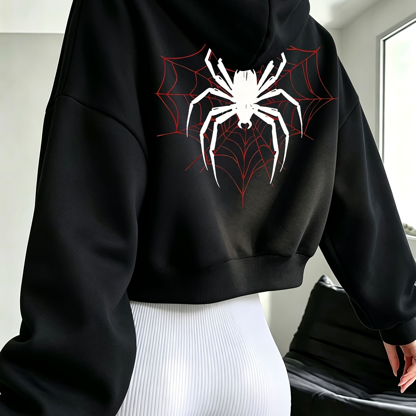 TEMU 1pc Women's Short Hoodie, Fashionable Trendy Spider Double-print Hooded Sweatshirt, Autumn/winter New Versatile Casual Short Drawstring