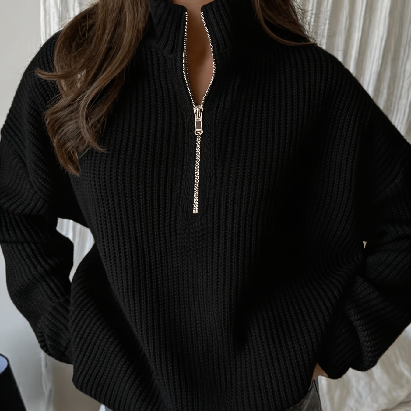 Women's Half-Zip Stand Collar Sweater, Loose Fit