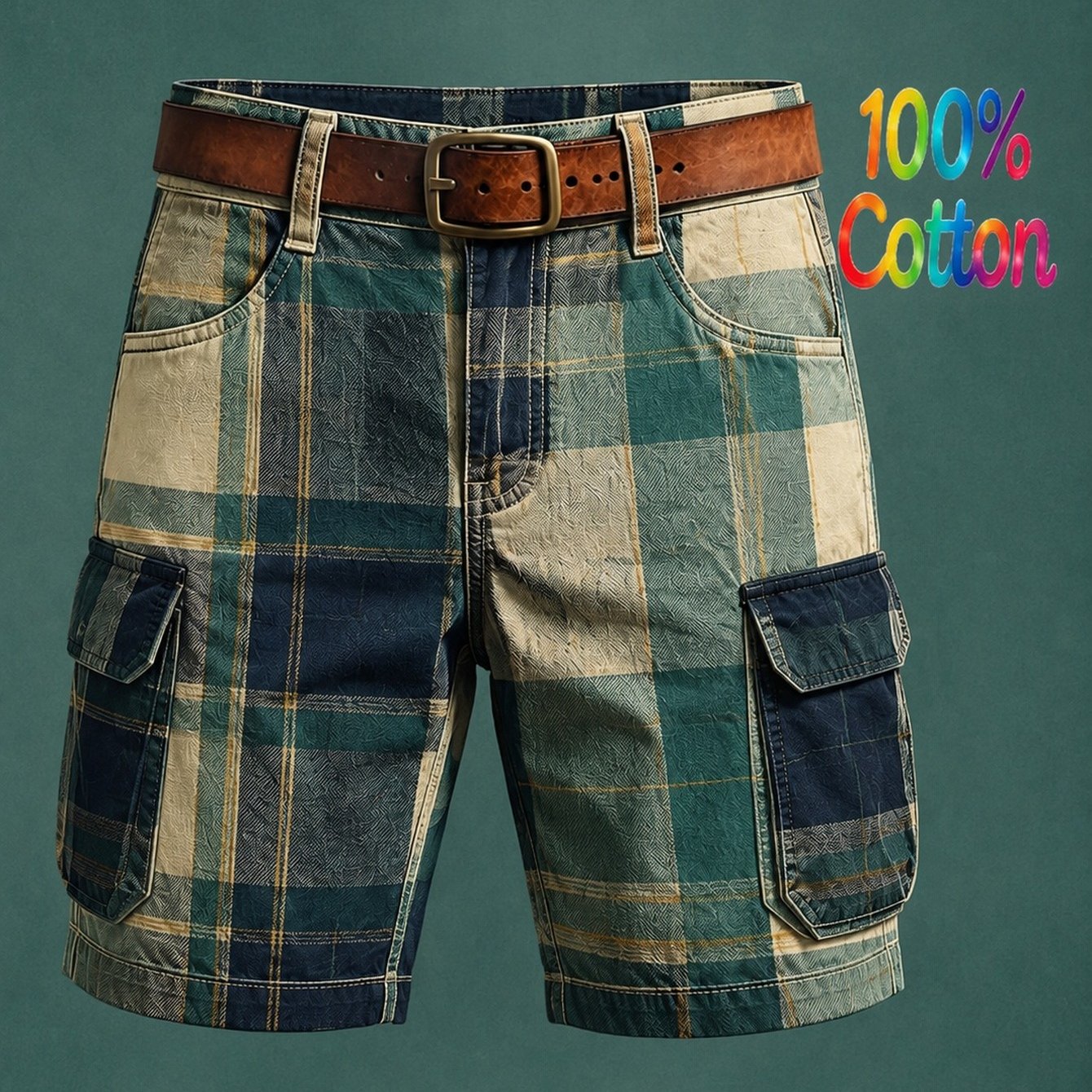 Men's 3d Printed Cargo Shorts With Plaid Design & Multi- Utility Pants - Beltless Workwear Suitable For Outdoor,,, Gear - Regular For Casual And