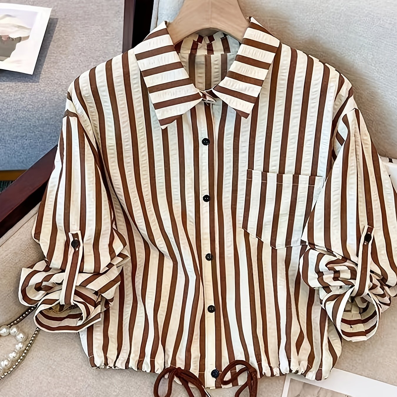 TEMU Dames Gestreept Shirt met Knoopsluiting en Zakken, Vintage Revers Zak Trekkoord Zoom Lange Mouw Top, Losse Casual All-Match Shirt Top Lente