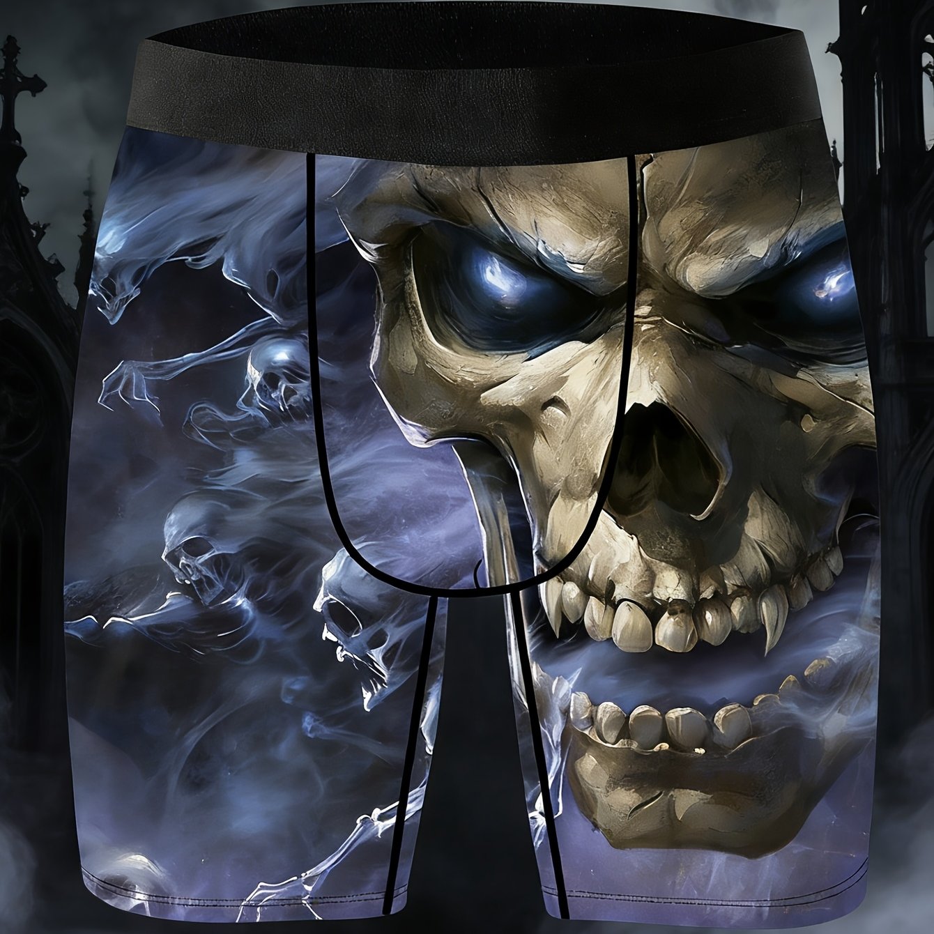 TEMU A Single Pair Of Men's Novelty Shorts Featuring A Dark Demon Skull Print, Gothic Style Creative Print Boxer Shorts Made From Knitted Fabric,