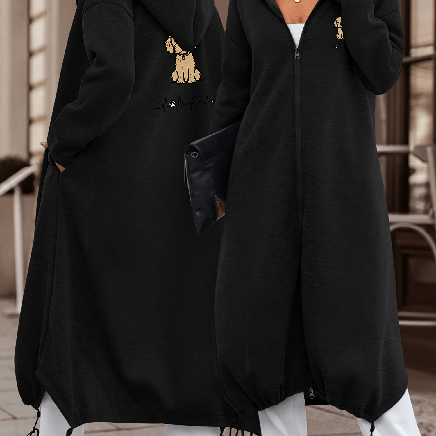 TEMU European And American Women's Casual Versatile Dog Print Long-length Hooded Cardigan, Perfect For Lounging At Home In Comfort, And For Casual