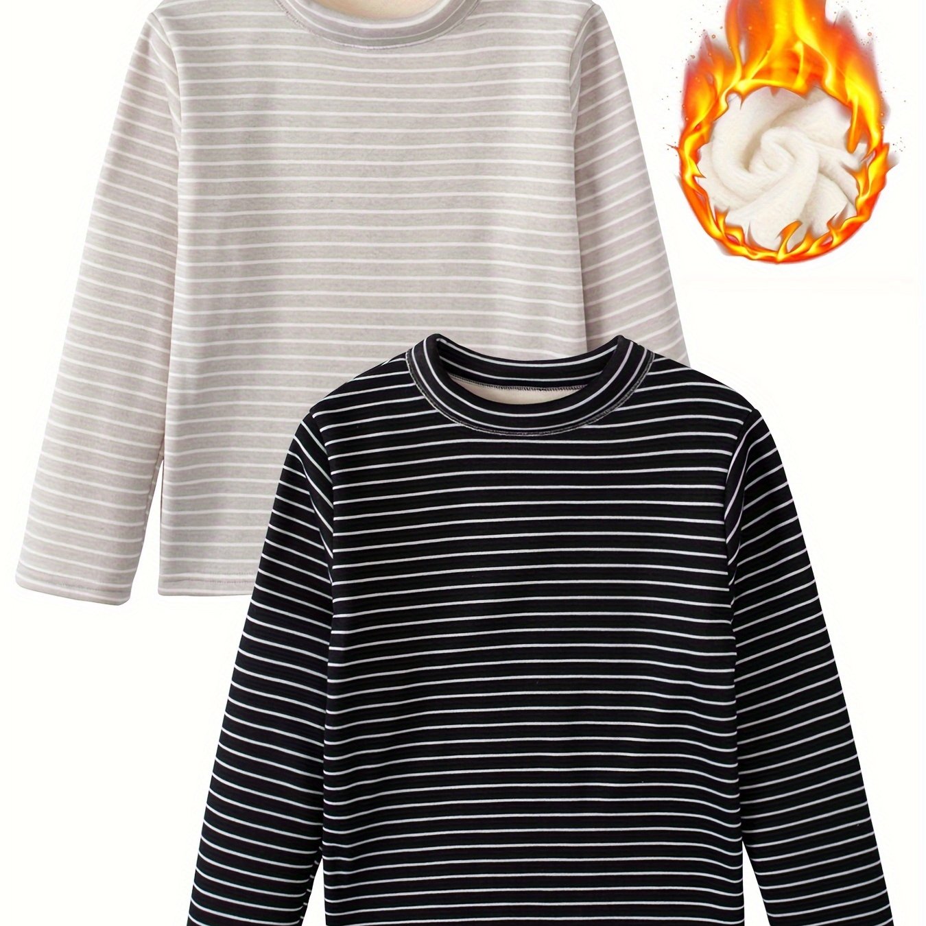 Image of 2pcs Set Of Fleece-lined Long-sleeved Autumn And T-shirts For Boys, Basic Slim-fit Thermal Undershirts With Fashionable Stripes For Big Boys, For Boys And Girls, Sibling Outfits