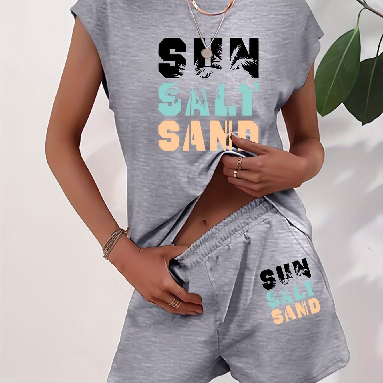 TEMU Fashion 2pcs Women's Casual Spring And Summer Casual Suit Short-sleeved Shirt And Elastic Waist Shorts Swear