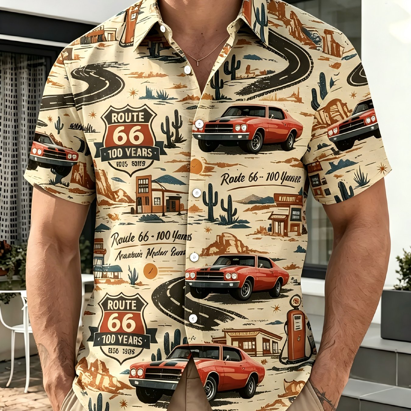 TEMU Latest Summer Vintage Car Print Trendy Short-sleeve Shirt, Refreshing, Comfortable, And Breathable, Suitable For And Business Activities, A