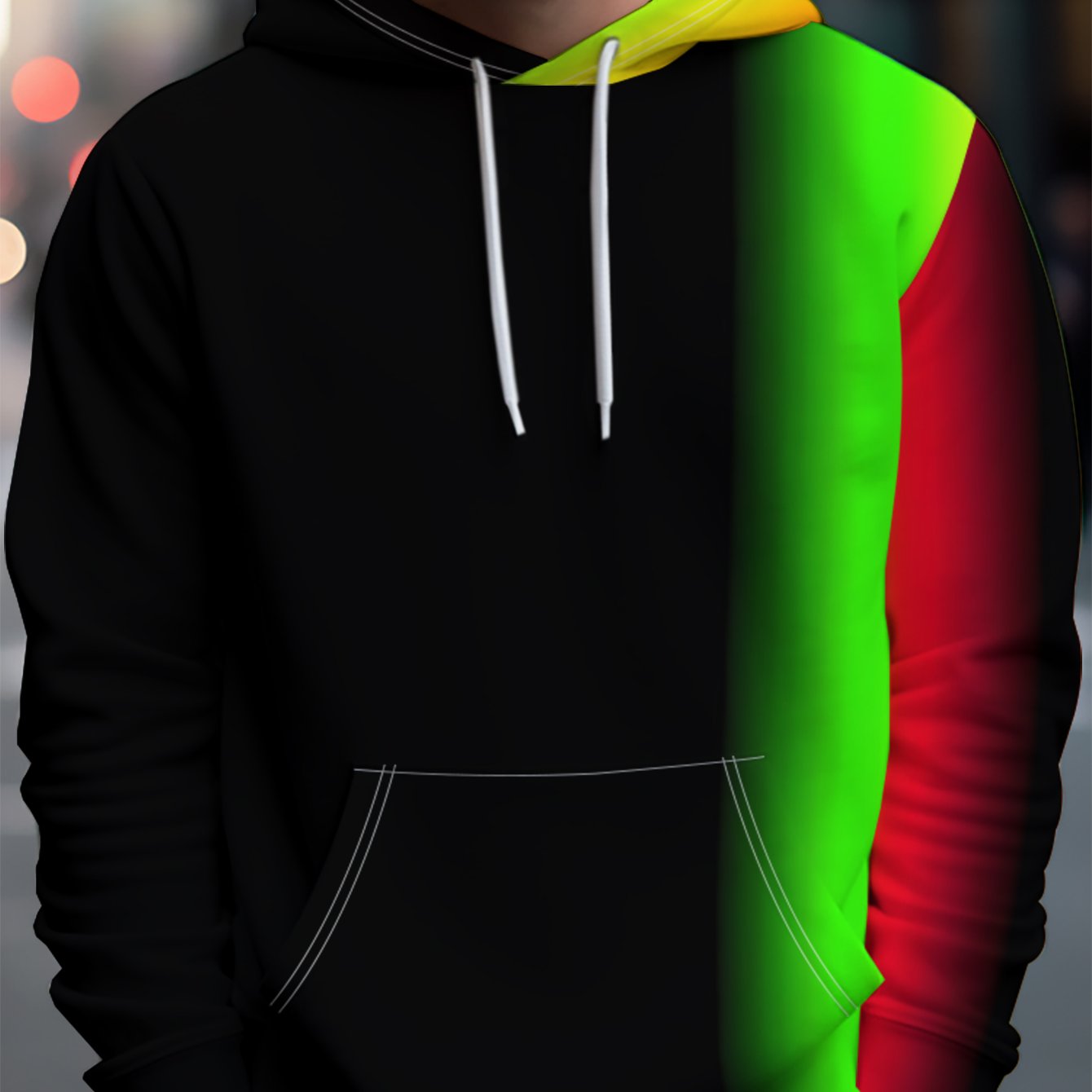 TEMU Men's Gradient Vertical Stripe Hoodie Sweatshirt - Green/yellow/red Color Pullover, Loose-fit Round Neck Suitable For , Machine Washable Casual