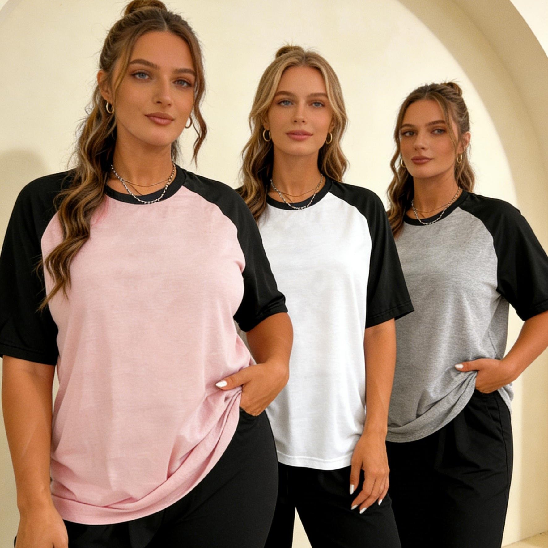 TEMU Plus Size - 3pcs Of Women's -blocking Raglan Sleeve Short-sleeved Lazy Style Loose Plus Size Round Neck T-shirt