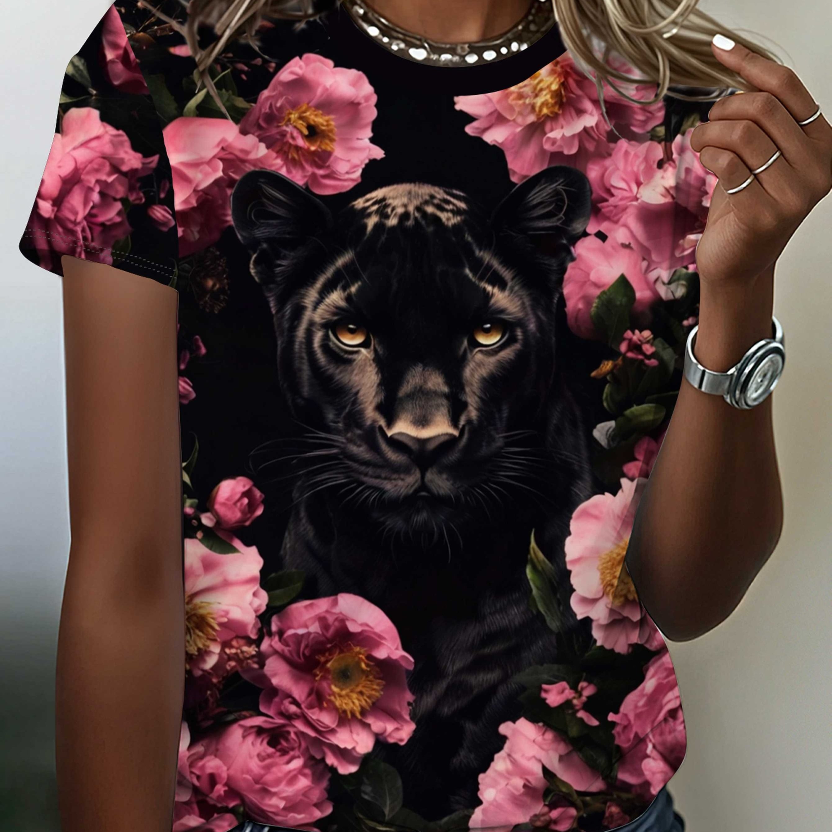 TEMU Women's Elegant & Pink Floral Print T-shirt - Short Sleeve Round Neck Summer Top, Pink Blouse For Casual & Semi-formal Wear, Machine Washable