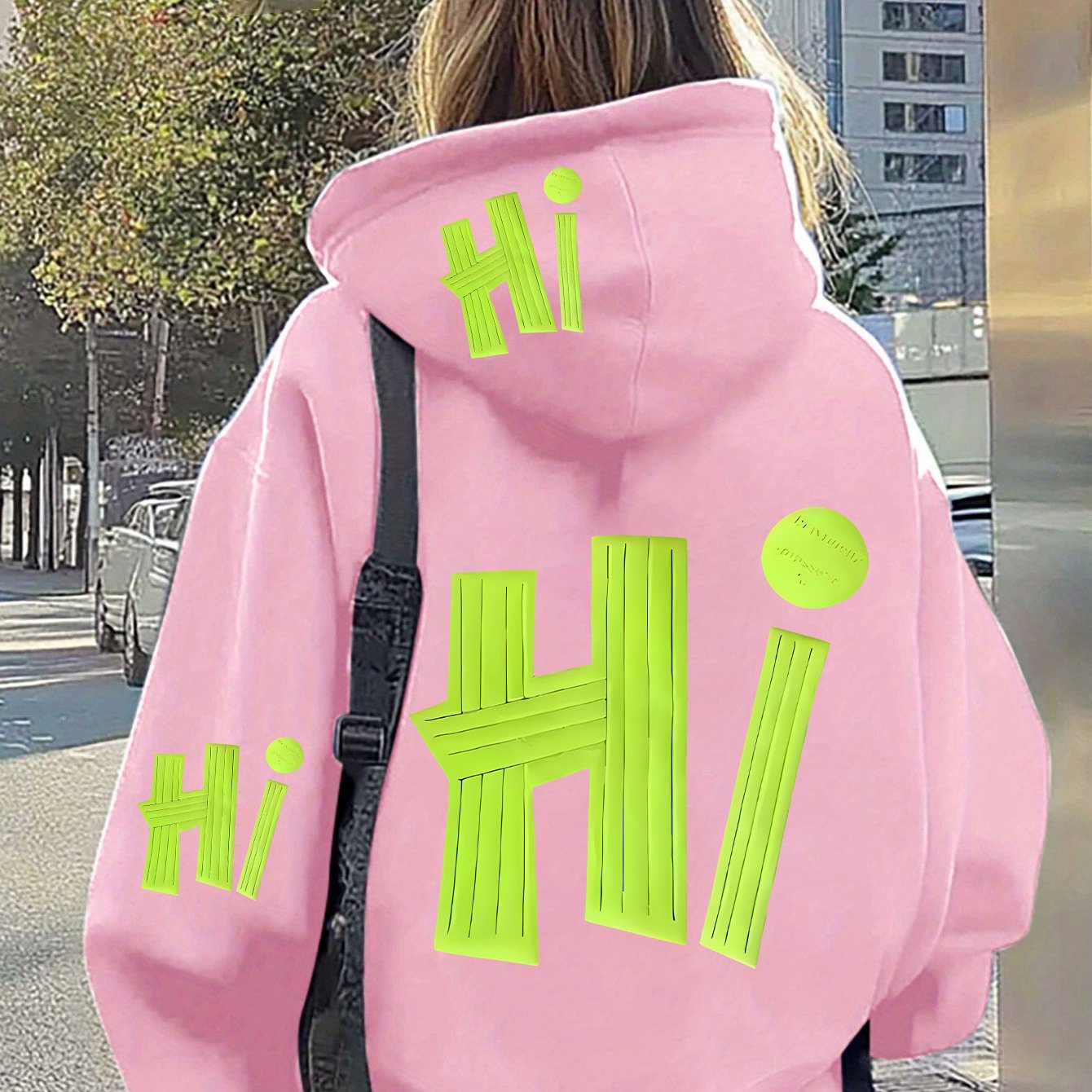 TEMU Plus-size Women's Fluorescent "hi" Trendy Graffiti Print, Casual Zip-up Jacket With Pockets, Autumn And Winter Hoodie, With Patterns