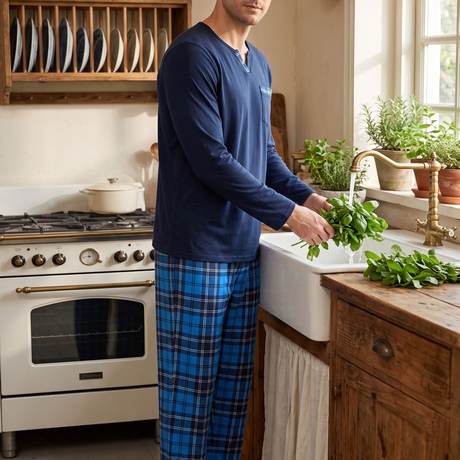 Image of Men' Contrast Trim Notch V-neck Long Sleeve Pajama Set, Chest Pocket Top And Elastic Waist Long Pants With Pockets, Soft Stretchy 2pcs Sleepwear Loungewear