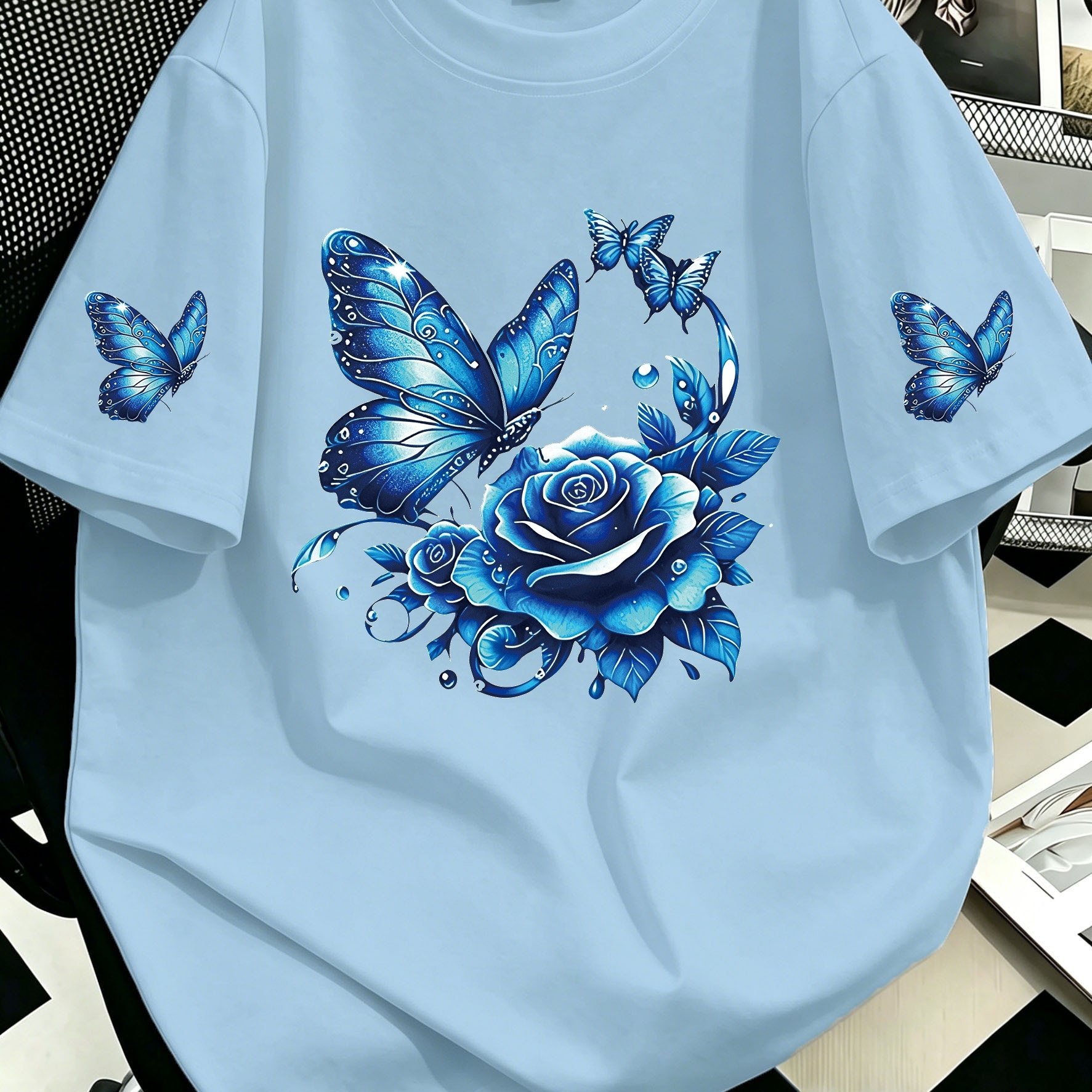 TEMU Plus Size - And Floral Print Round Neck Women's Casual Summer T-shirt, Plus Size, Suitable For , Beach, Holiday, Spring, Valentine's Day,