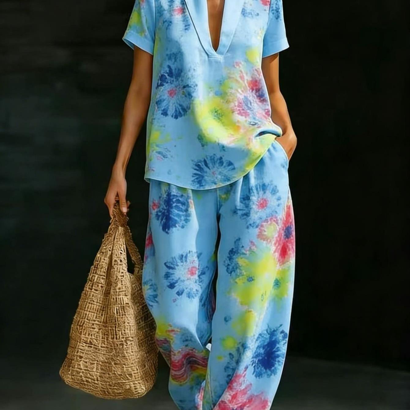 Women'-piece Set: Collared V-neck Short-sleeve Top And High-waist Wide-leg Pants, Elegant And Relaxed With Pockets, Perfect For Summer Vacations And Casual Wear