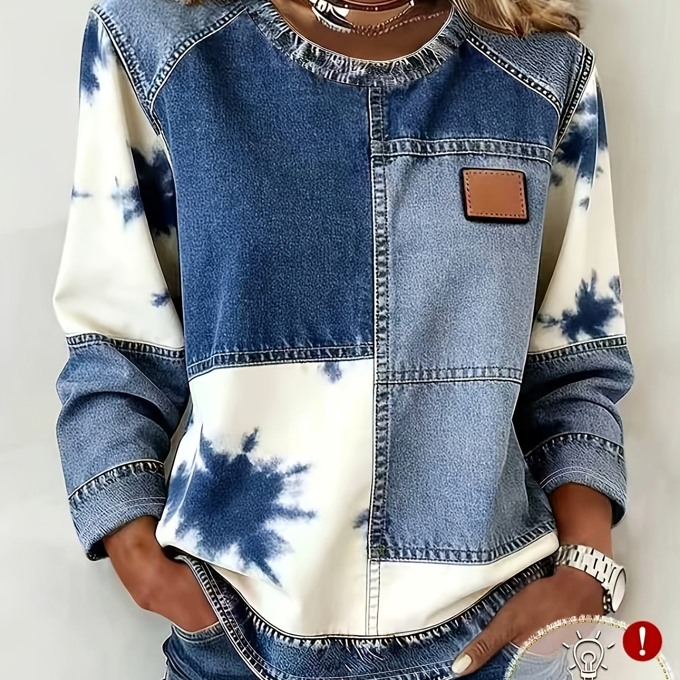 TEMU [printed Pants - Not Denim Fabric] New Denim Print Crew Neck Long-sleeve T-shirt For European And American Women