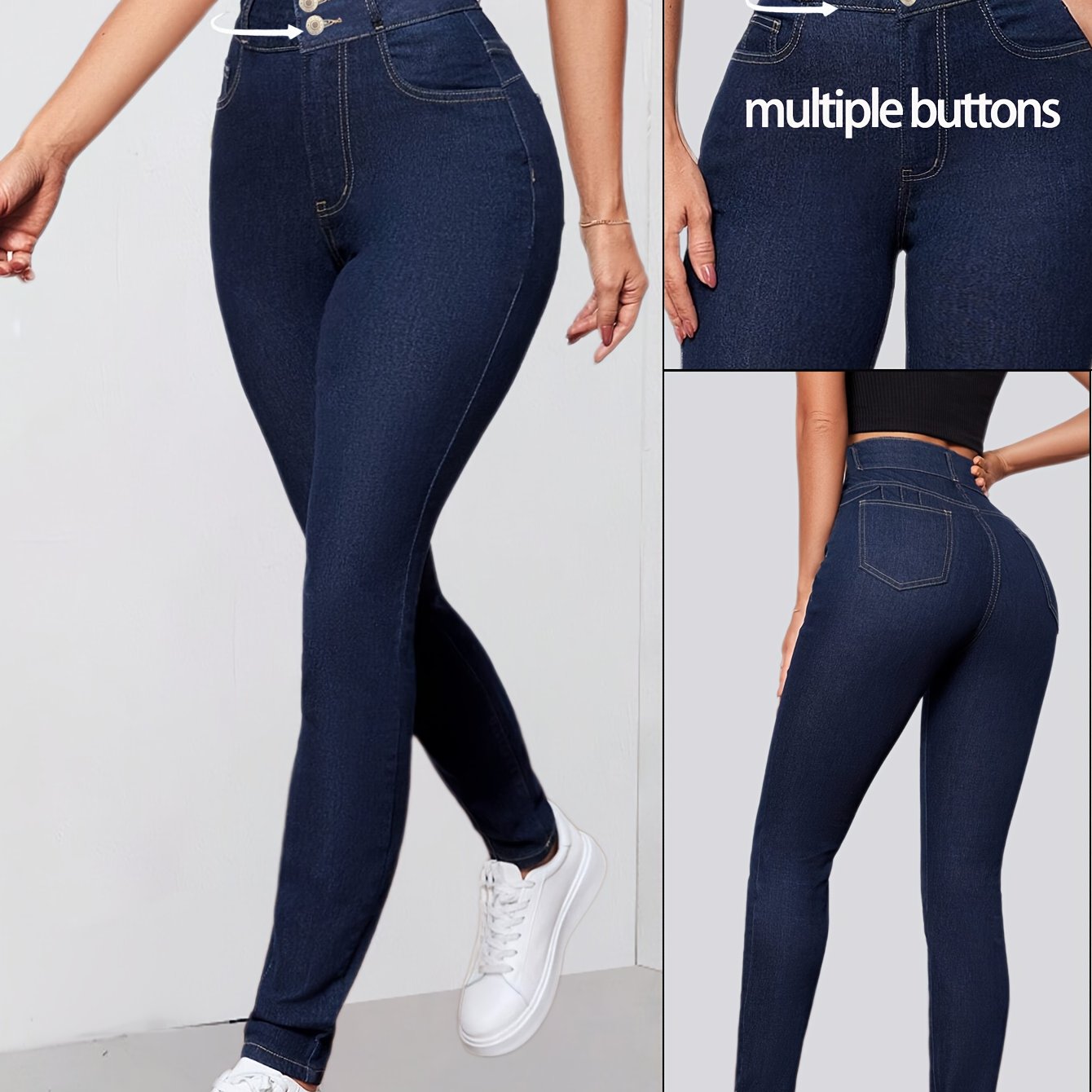 Image of Women's High-waisted Full-length Skinny Jeans - Washed Button-fly Pants With Stretch, Beltless Wear For Casual & Dressy Outfits (no Included)