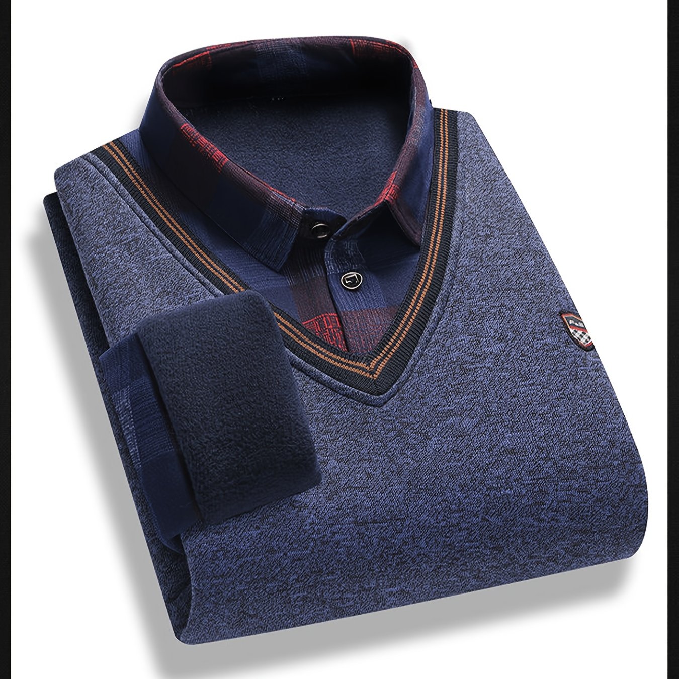 TEMU Men's Fleece Fake Two-piece Sweater Pullover, Shirt Collar V-neck Knit Pullover, Winter Warm Business Casual Men's Long Sleeve Top