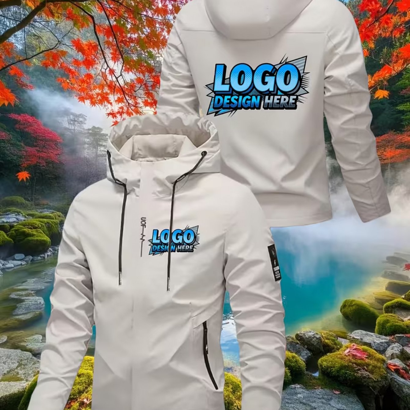 TEMU Men's Custom Hooded Jacket With Oversized Logo Print, Team Building, Advertising Jacket - Zipper Closure, Non-stretch Fabric - Suitable For