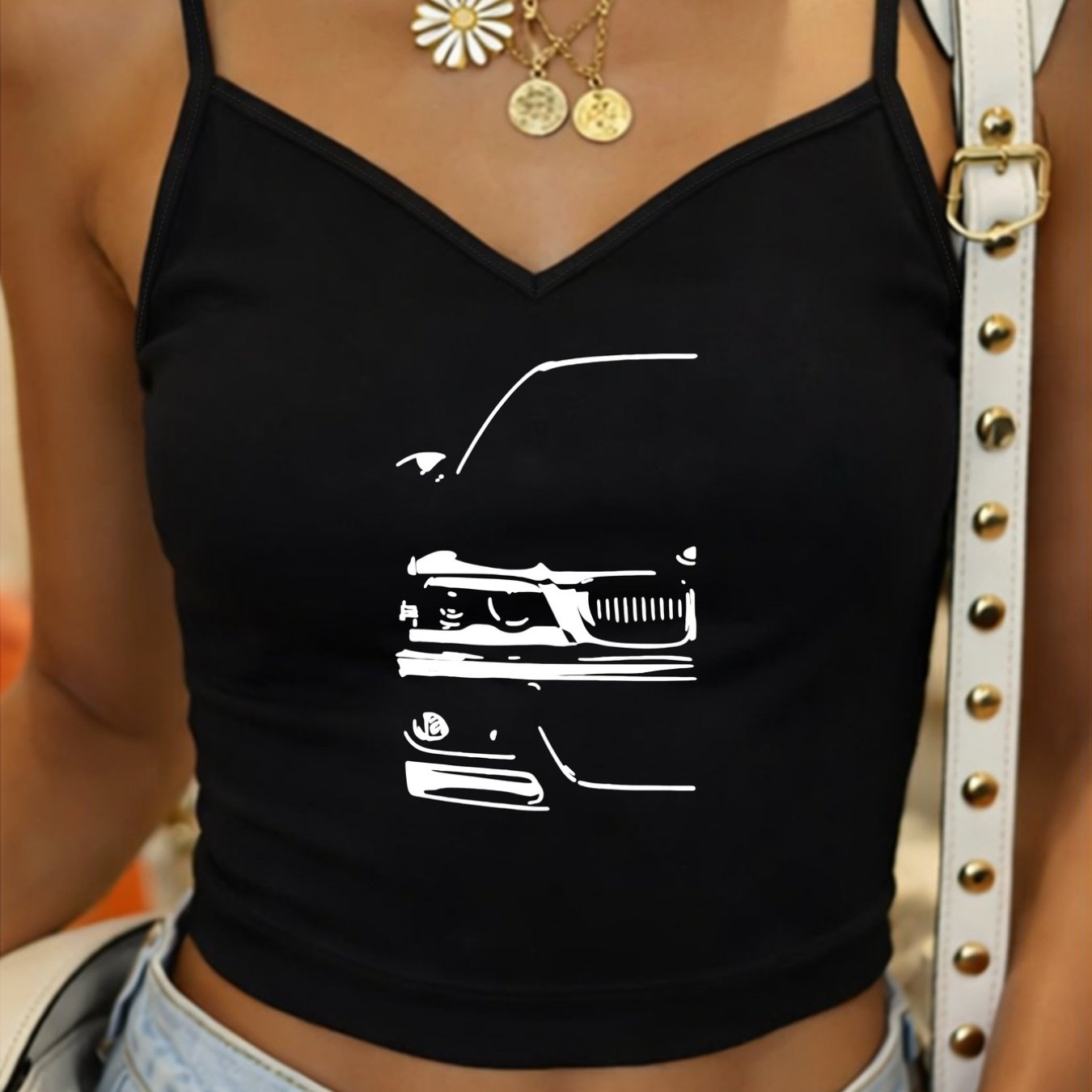 TEMU Sleeveless Top With A Vintage Car Print, Classic Retro Style V-neck For Women, Casual Wear - Women's Clothing For Summer And Spring
