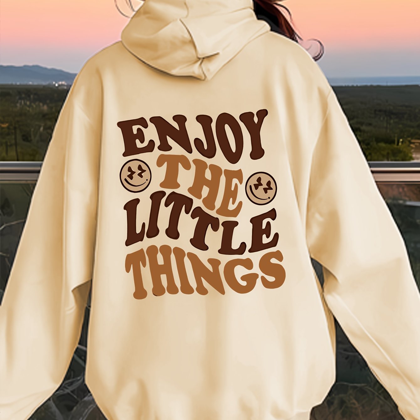 TEMU Women's Casual "enjoy " Graphic Hoodie - Black With Brown & White Print, , Casual Wear|graphic Hoodie|