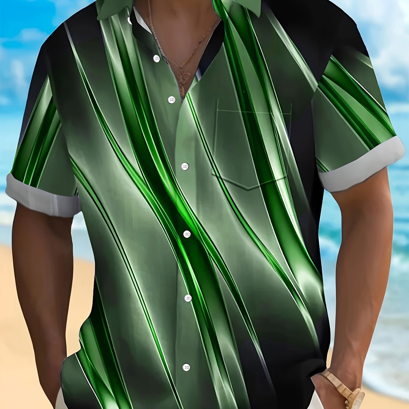 TEMU Vintage Gradient Art Geometric Print Men's Plus Size Button-up Pocket Shirt